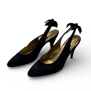 Gucci Black Fabric Covered Slingback Heels Bows On Back Shoes Sz US 6.5 EU 37.5